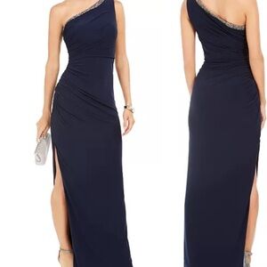 Adrianna Papell Blue One Shoulder Sleeveless Gown